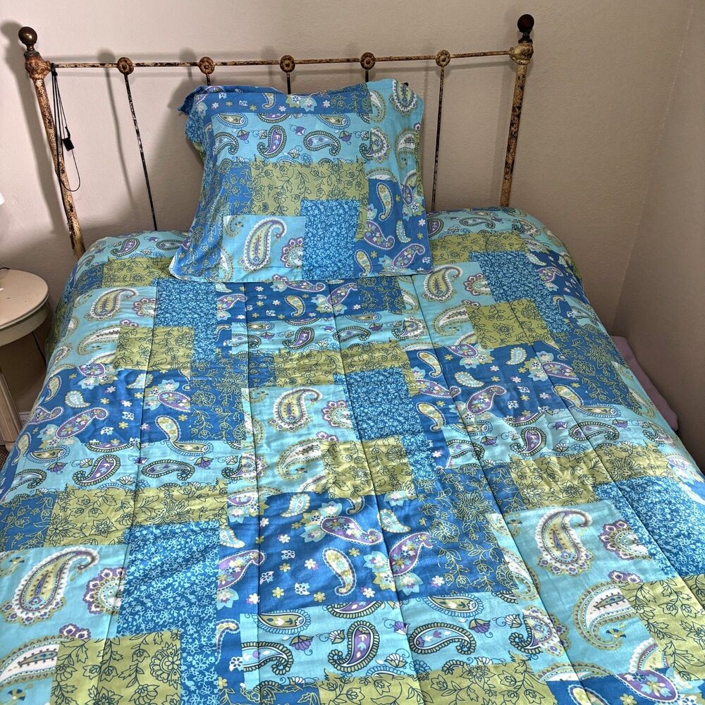 1980s Blue Paisley Full Comforter Sham Reversible Mod Patchwork Vintage Cottag